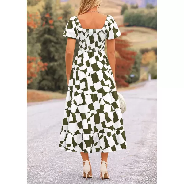 imagePRETTYGARDEN Womens 2024 Summer Boho Midi Dress Off Shoulder Puff Sleeve Print Smocked Ruffle Beach Long Flowy DressesArmy Green