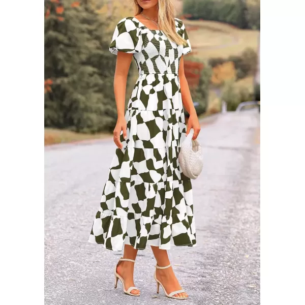 imagePRETTYGARDEN Womens 2024 Summer Boho Midi Dress Off Shoulder Puff Sleeve Print Smocked Ruffle Beach Long Flowy DressesArmy Green
