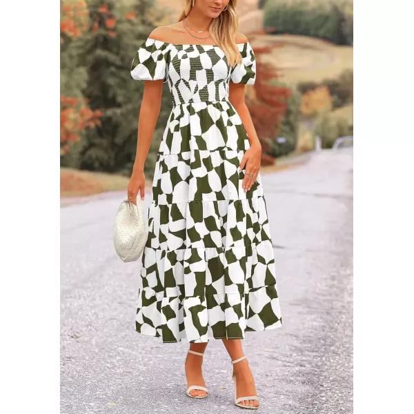 imagePRETTYGARDEN Womens 2024 Summer Boho Midi Dress Off Shoulder Puff Sleeve Print Smocked Ruffle Beach Long Flowy DressesArmy Green