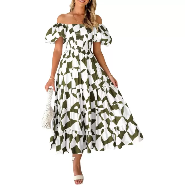 imagePRETTYGARDEN Womens 2024 Summer Boho Midi Dress Off Shoulder Puff Sleeve Print Smocked Ruffle Beach Long Flowy DressesArmy Green