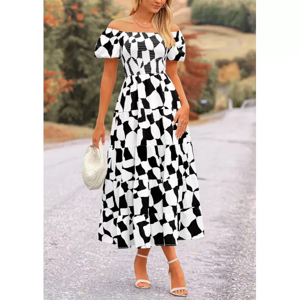 imagePRETTYGARDEN Womens 2024 Summer Boho Midi Dress Off Shoulder Puff Sleeve Print Smocked Ruffle Beach Long Flowy DressesBlack