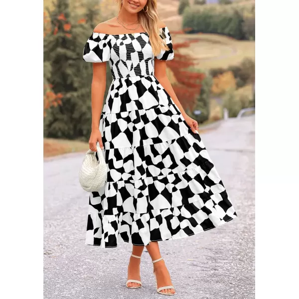 imagePRETTYGARDEN Womens 2024 Summer Boho Midi Dress Off Shoulder Puff Sleeve Print Smocked Ruffle Beach Long Flowy DressesBlack