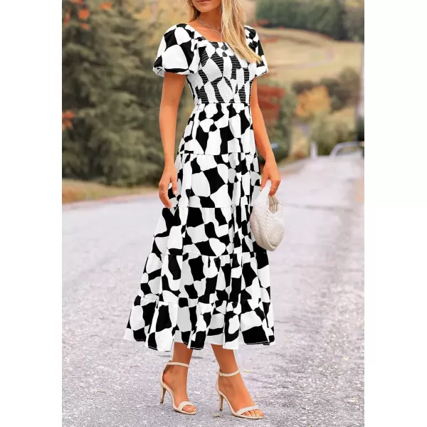 imagePRETTYGARDEN Womens 2024 Summer Boho Midi Dress Off Shoulder Puff Sleeve Print Smocked Ruffle Beach Long Flowy DressesBlack