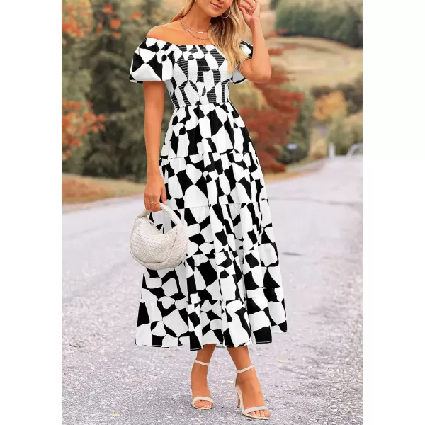 imagePRETTYGARDEN Womens 2024 Summer Boho Midi Dress Off Shoulder Puff Sleeve Print Smocked Ruffle Beach Long Flowy DressesBlack