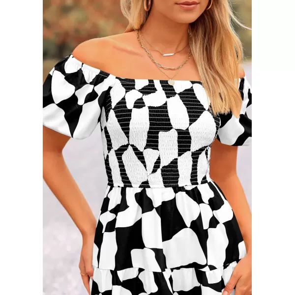 imagePRETTYGARDEN Womens 2024 Summer Boho Midi Dress Off Shoulder Puff Sleeve Print Smocked Ruffle Beach Long Flowy DressesBlack
