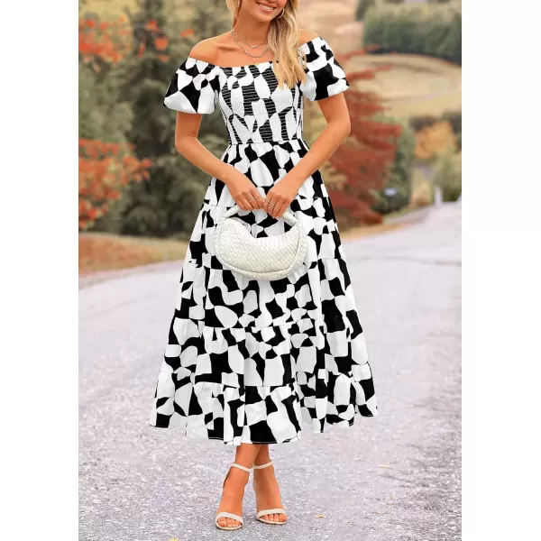 imagePRETTYGARDEN Womens 2024 Summer Boho Midi Dress Off Shoulder Puff Sleeve Print Smocked Ruffle Beach Long Flowy DressesBlack