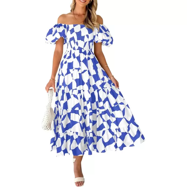 imagePRETTYGARDEN Womens 2024 Summer Boho Midi Dress Off Shoulder Puff Sleeve Print Smocked Ruffle Beach Long Flowy DressesBlue