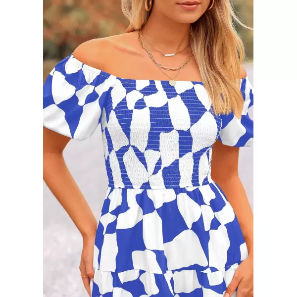 imagePRETTYGARDEN Womens 2024 Summer Boho Midi Dress Off Shoulder Puff Sleeve Print Smocked Ruffle Beach Long Flowy DressesBlue