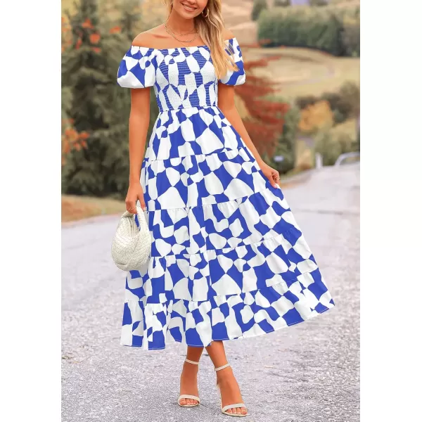 imagePRETTYGARDEN Womens 2024 Summer Boho Midi Dress Off Shoulder Puff Sleeve Print Smocked Ruffle Beach Long Flowy DressesBlue
