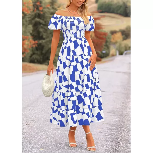 imagePRETTYGARDEN Womens 2024 Summer Boho Midi Dress Off Shoulder Puff Sleeve Print Smocked Ruffle Beach Long Flowy DressesBlue