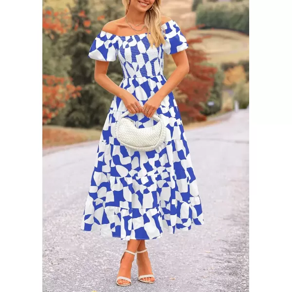 imagePRETTYGARDEN Womens 2024 Summer Boho Midi Dress Off Shoulder Puff Sleeve Print Smocked Ruffle Beach Long Flowy DressesBlue