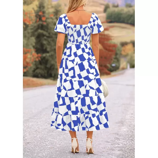 imagePRETTYGARDEN Womens 2024 Summer Boho Midi Dress Off Shoulder Puff Sleeve Print Smocked Ruffle Beach Long Flowy DressesBlue