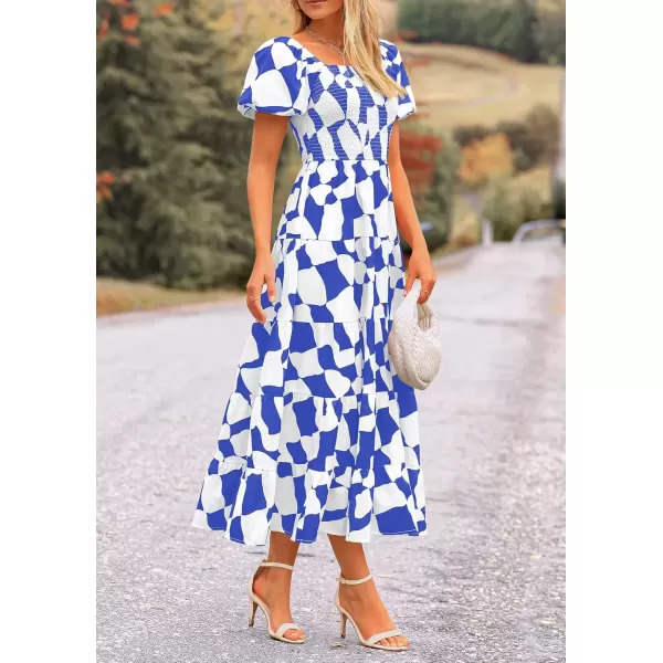 imagePRETTYGARDEN Womens 2024 Summer Boho Midi Dress Off Shoulder Puff Sleeve Print Smocked Ruffle Beach Long Flowy DressesBlue