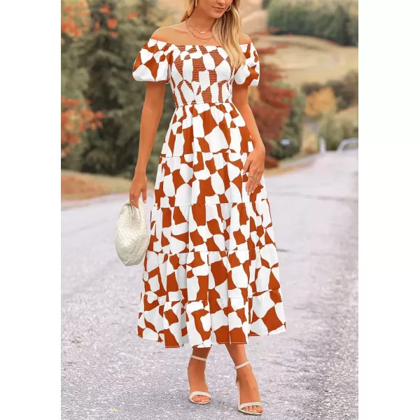 imagePRETTYGARDEN Womens 2024 Summer Boho Midi Dress Off Shoulder Puff Sleeve Print Smocked Ruffle Beach Long Flowy DressesBrown