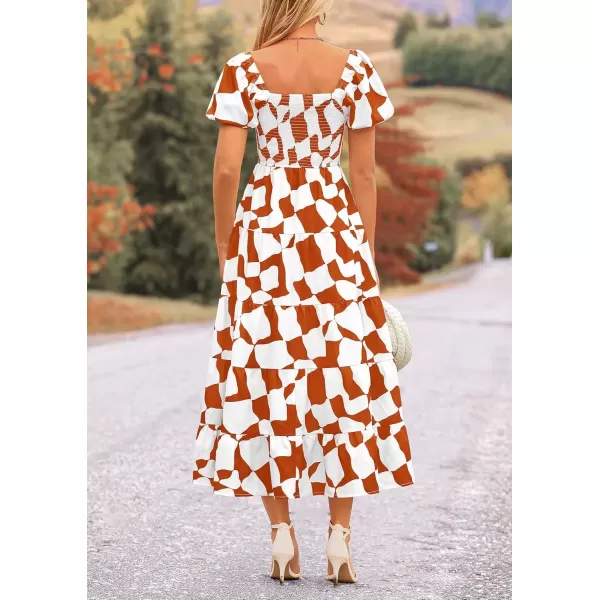 imagePRETTYGARDEN Womens 2024 Summer Boho Midi Dress Off Shoulder Puff Sleeve Print Smocked Ruffle Beach Long Flowy DressesBrown