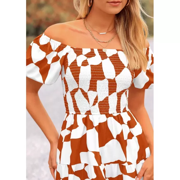 imagePRETTYGARDEN Womens 2024 Summer Boho Midi Dress Off Shoulder Puff Sleeve Print Smocked Ruffle Beach Long Flowy DressesBrown