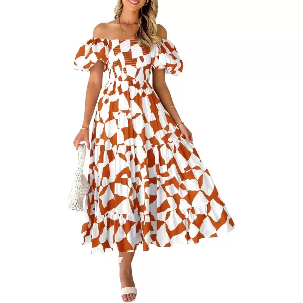 imagePRETTYGARDEN Womens 2024 Summer Boho Midi Dress Off Shoulder Puff Sleeve Print Smocked Ruffle Beach Long Flowy DressesBrown