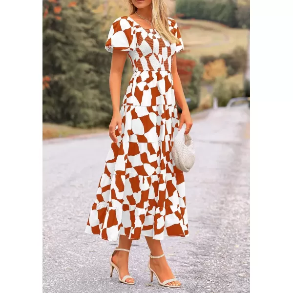 imagePRETTYGARDEN Womens 2024 Summer Boho Midi Dress Off Shoulder Puff Sleeve Print Smocked Ruffle Beach Long Flowy DressesBrown