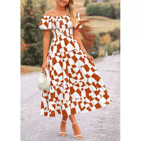 imagePRETTYGARDEN Womens 2024 Summer Boho Midi Dress Off Shoulder Puff Sleeve Print Smocked Ruffle Beach Long Flowy DressesBrown