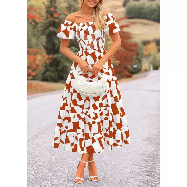imagePRETTYGARDEN Womens 2024 Summer Boho Midi Dress Off Shoulder Puff Sleeve Print Smocked Ruffle Beach Long Flowy DressesBrown