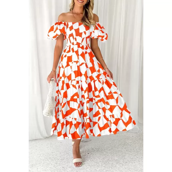imagePRETTYGARDEN Womens 2024 Summer Boho Midi Dress Off Shoulder Puff Sleeve Print Smocked Ruffle Beach Long Flowy DressesOrange