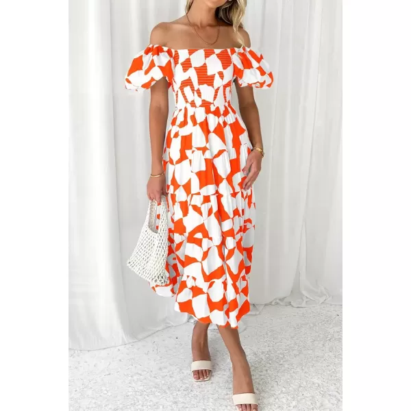 imagePRETTYGARDEN Womens 2024 Summer Boho Midi Dress Off Shoulder Puff Sleeve Print Smocked Ruffle Beach Long Flowy DressesOrange