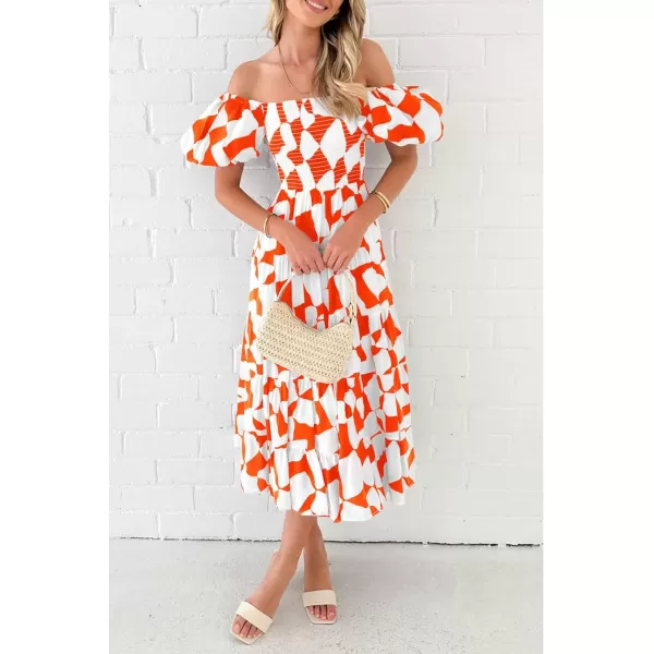 imagePRETTYGARDEN Womens 2024 Summer Boho Midi Dress Off Shoulder Puff Sleeve Print Smocked Ruffle Beach Long Flowy DressesOrange