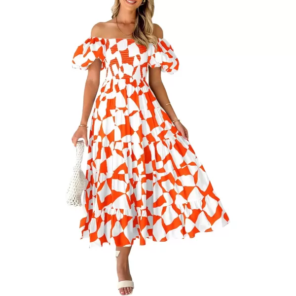 imagePRETTYGARDEN Womens 2024 Summer Boho Midi Dress Off Shoulder Puff Sleeve Print Smocked Ruffle Beach Long Flowy DressesOrange