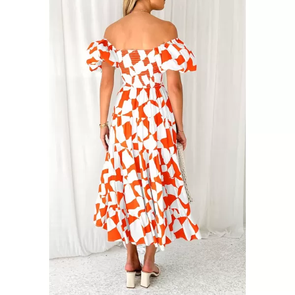 imagePRETTYGARDEN Womens 2024 Summer Boho Midi Dress Off Shoulder Puff Sleeve Print Smocked Ruffle Beach Long Flowy DressesOrange
