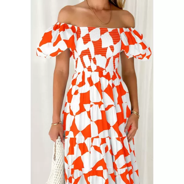 imagePRETTYGARDEN Womens 2024 Summer Boho Midi Dress Off Shoulder Puff Sleeve Print Smocked Ruffle Beach Long Flowy DressesOrange