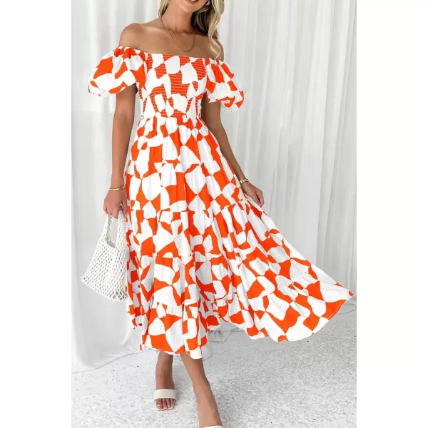 imagePRETTYGARDEN Womens 2024 Summer Boho Midi Dress Off Shoulder Puff Sleeve Print Smocked Ruffle Beach Long Flowy DressesOrange