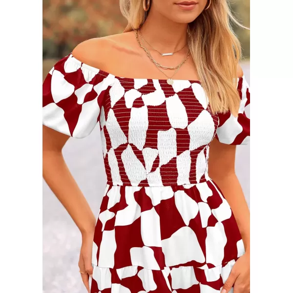 imagePRETTYGARDEN Womens 2024 Summer Boho Midi Dress Off Shoulder Puff Sleeve Print Smocked Ruffle Beach Long Flowy DressesWine Red