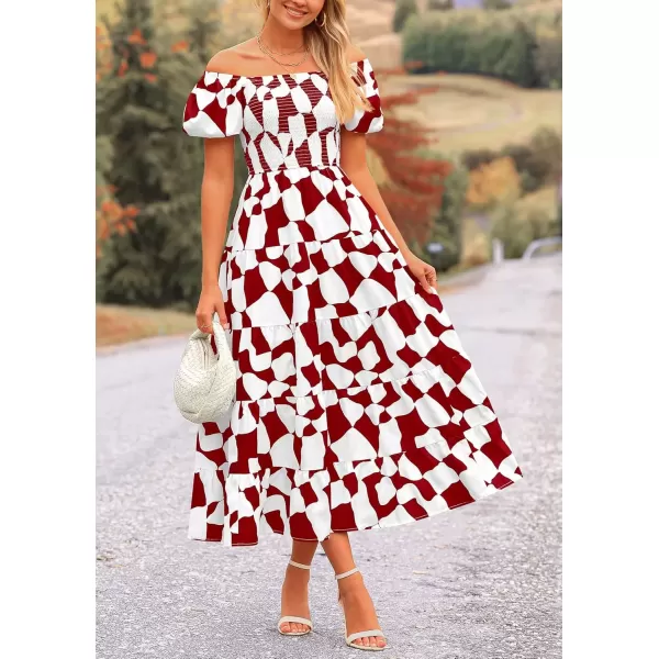 imagePRETTYGARDEN Womens 2024 Summer Boho Midi Dress Off Shoulder Puff Sleeve Print Smocked Ruffle Beach Long Flowy DressesWine Red