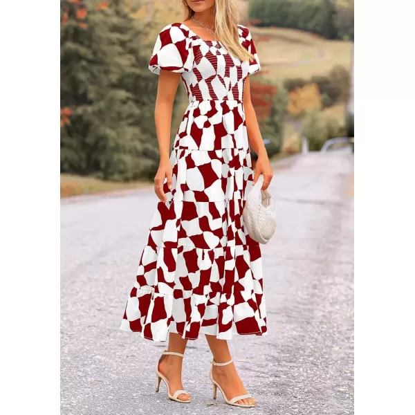 imagePRETTYGARDEN Womens 2024 Summer Boho Midi Dress Off Shoulder Puff Sleeve Print Smocked Ruffle Beach Long Flowy DressesWine Red