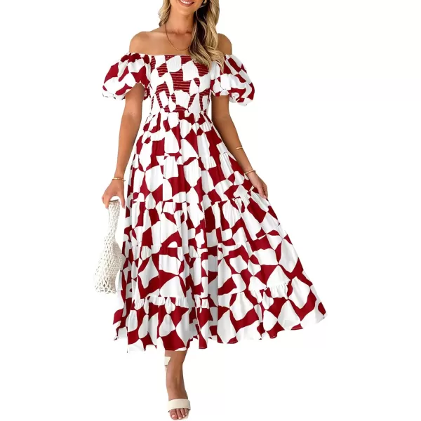 imagePRETTYGARDEN Womens 2024 Summer Boho Midi Dress Off Shoulder Puff Sleeve Print Smocked Ruffle Beach Long Flowy DressesWine Red