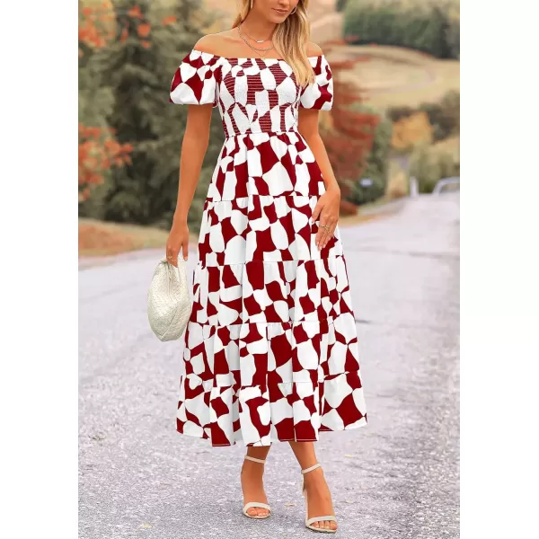 imagePRETTYGARDEN Womens 2024 Summer Boho Midi Dress Off Shoulder Puff Sleeve Print Smocked Ruffle Beach Long Flowy DressesWine Red