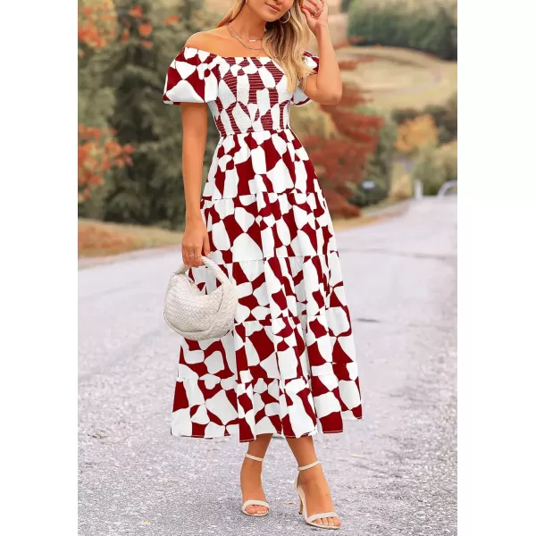 imagePRETTYGARDEN Womens 2024 Summer Boho Midi Dress Off Shoulder Puff Sleeve Print Smocked Ruffle Beach Long Flowy DressesWine Red