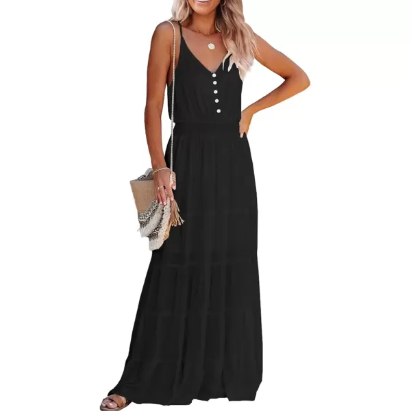 imagePRETTYGARDEN Womens Casual Summer Dress Spaghetti Strap Sleeveless High Waist Beach Long Maxi Sun DressesBlack