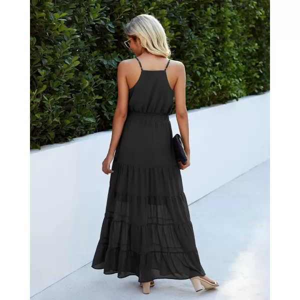 imagePRETTYGARDEN Womens Casual Summer Dress Spaghetti Strap Sleeveless High Waist Beach Long Maxi Sun DressesBlack