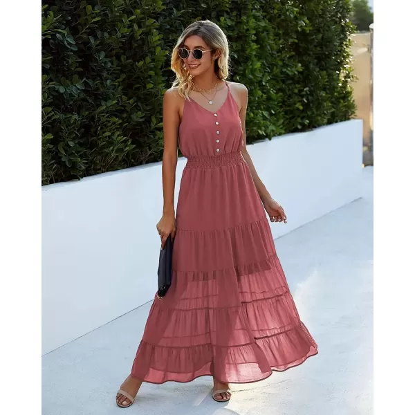 imagePRETTYGARDEN Womens Casual Summer Dress Spaghetti Strap Sleeveless High Waist Beach Long Maxi Sun DressesBrick Red