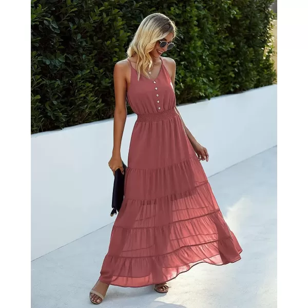 imagePRETTYGARDEN Womens Casual Summer Dress Spaghetti Strap Sleeveless High Waist Beach Long Maxi Sun DressesBrick Red