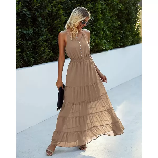 imagePRETTYGARDEN Womens Casual Summer Dress Spaghetti Strap Sleeveless High Waist Beach Long Maxi Sun DressesDark Apricot