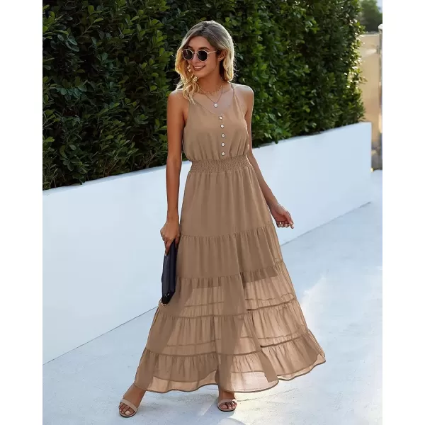 imagePRETTYGARDEN Womens Casual Summer Dress Spaghetti Strap Sleeveless High Waist Beach Long Maxi Sun DressesDark Apricot