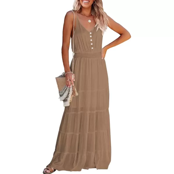 imagePRETTYGARDEN Womens Casual Summer Dress Spaghetti Strap Sleeveless High Waist Beach Long Maxi Sun DressesDark Apricot