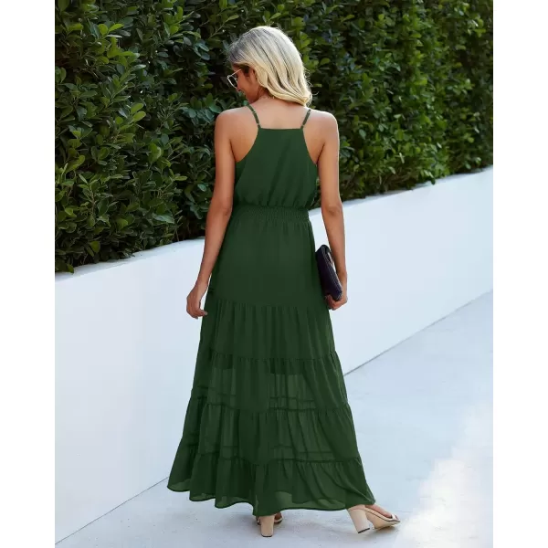 imagePRETTYGARDEN Womens Casual Summer Dress Spaghetti Strap Sleeveless High Waist Beach Long Maxi Sun DressesDark Green