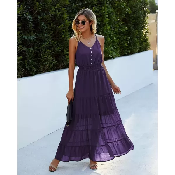 imagePRETTYGARDEN Womens Casual Summer Dress Spaghetti Strap Sleeveless High Waist Beach Long Maxi Sun DressesDark Purple