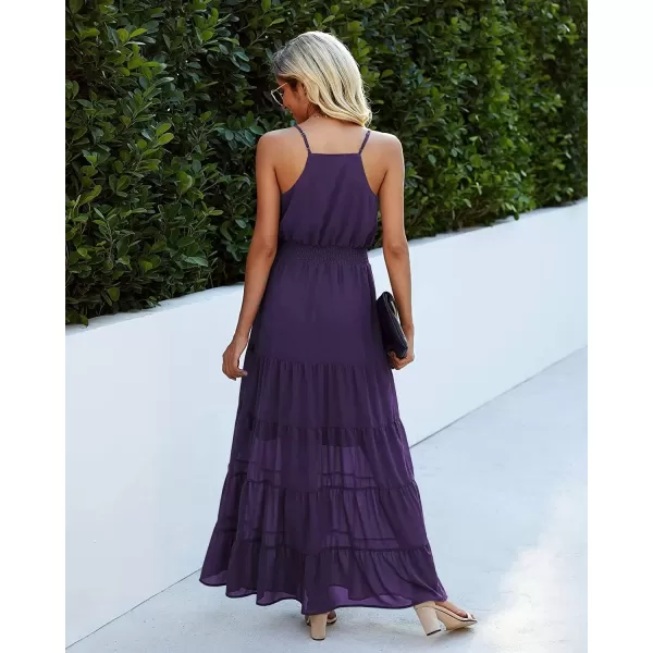 imagePRETTYGARDEN Womens Casual Summer Dress Spaghetti Strap Sleeveless High Waist Beach Long Maxi Sun DressesDark Purple