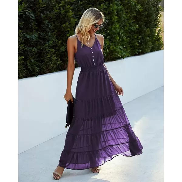 imagePRETTYGARDEN Womens Casual Summer Dress Spaghetti Strap Sleeveless High Waist Beach Long Maxi Sun DressesDark Purple