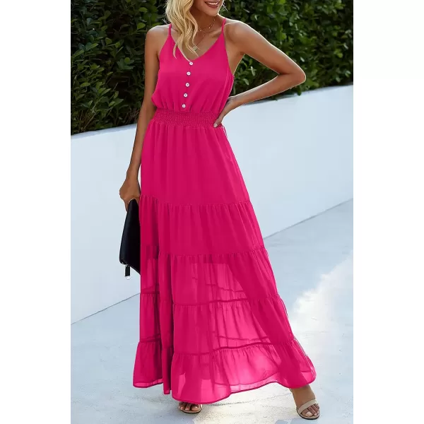 imagePRETTYGARDEN Womens Casual Summer Dress Spaghetti Strap Sleeveless High Waist Beach Long Maxi Sun DressesDark Rose Red