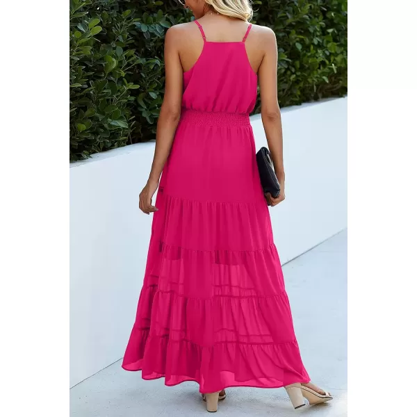 imagePRETTYGARDEN Womens Casual Summer Dress Spaghetti Strap Sleeveless High Waist Beach Long Maxi Sun DressesDark Rose Red